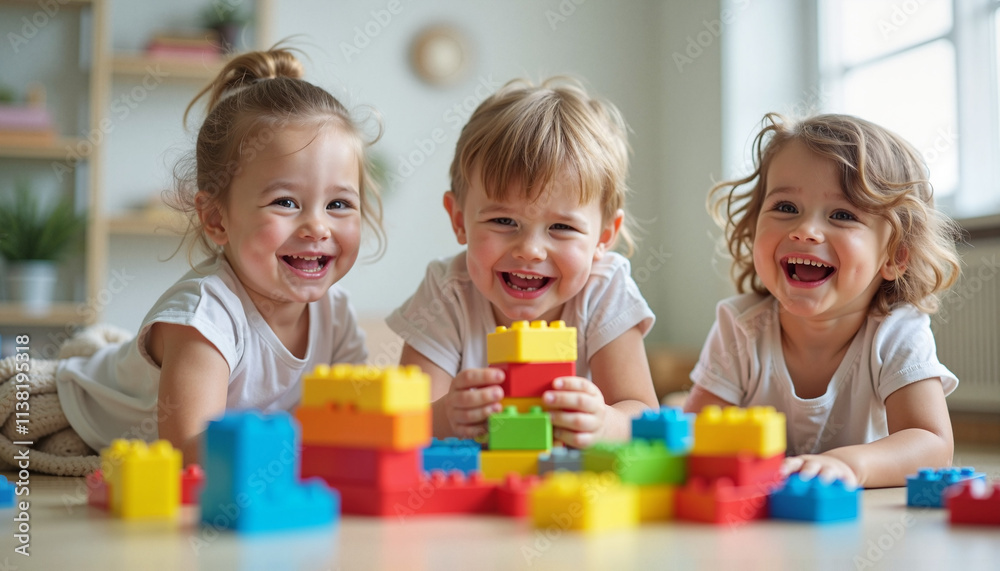 Fototapeta premium Three happy young children playing with colorful building blocks on the floor in a bright playroom
