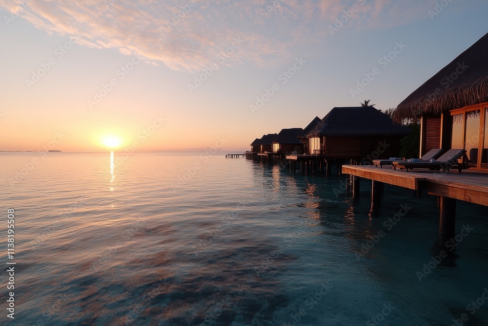 This view features tranquil beach sunset illuminating overwater bungalows, instilling feelings of peace and relaxation, encapsulating a picturesque tropical escape.