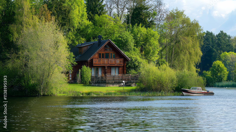 Beautiful wooden house by a serene river with lush greenery
