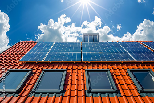 A modern house with solar panels on the roof, showcasing sustainable energy technology.