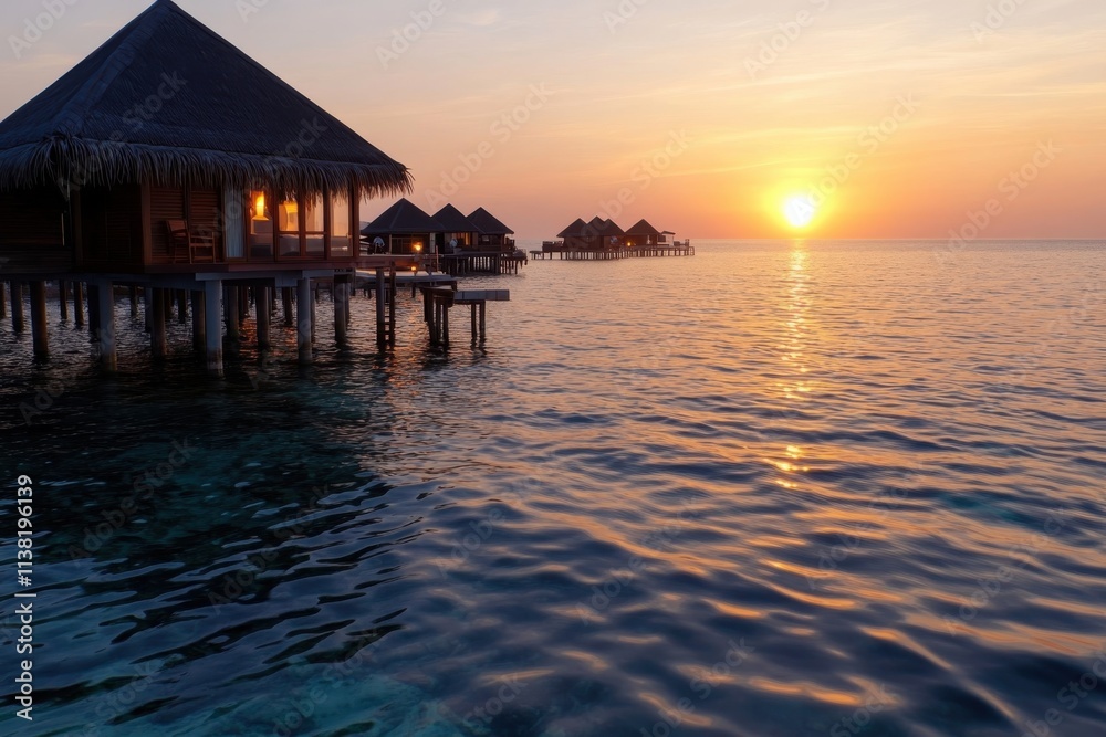 This captivating image depicts the magic of twilight with sun dipping below the horizon, illuminating beautifully designed overwater bungalows set against smooth waters. This captivating image depicts the magic of twilight with sun dipping below the horizon, illuminating beautifully designed overwater bungalows set against smooth waters.