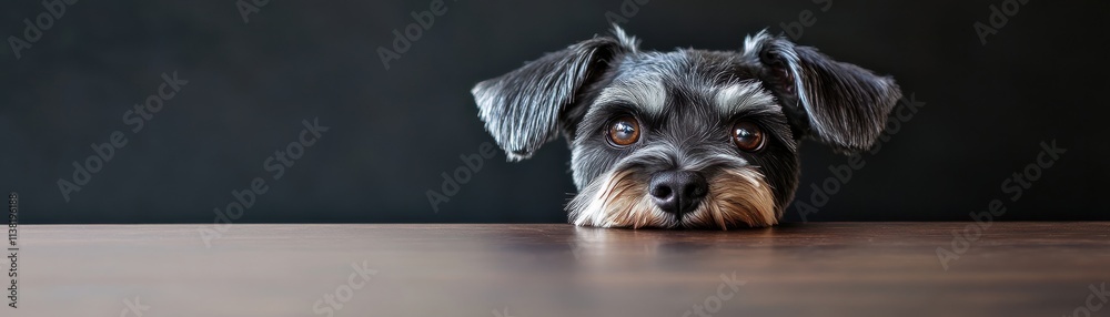 Curious dog peeking over a table, showcasing its playful personality and charm.