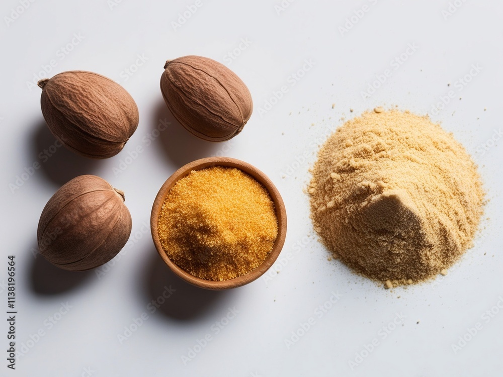 Whole Nutmeg Nuts and Grated Powder on Solid White Background Whole Nutmeg Nuts and Grated Powder on Solid White Background