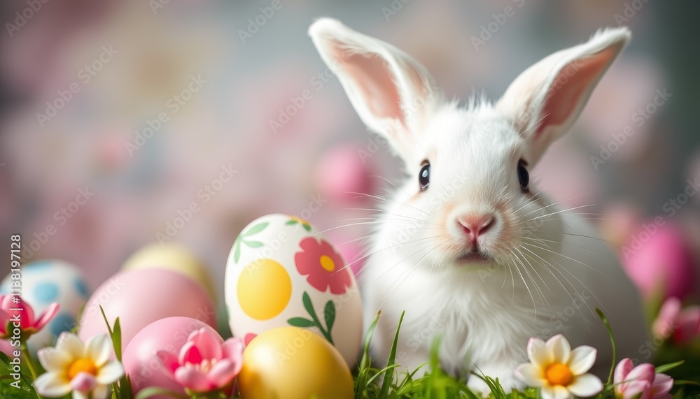 Obraz premium Easter holiday theme image with a cute white rabbit with hand painted and colored eggs for children or to celebrate the da