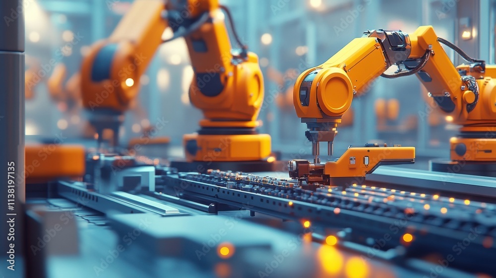 Robotic arms assemble parts; factory setting. Robotic arms assemble parts; factory setting.