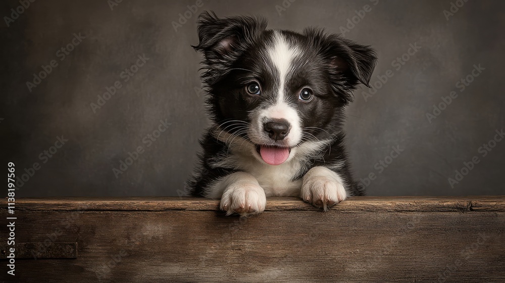 Cute black and white puppy with expressive eyes looking playfully at the camera. Cute black and white puppy with expressive eyes looking playfully at the camera.