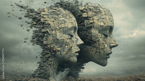 Fragmented Stone Faces Disintegrating Into the Wind in Surreal Art photo