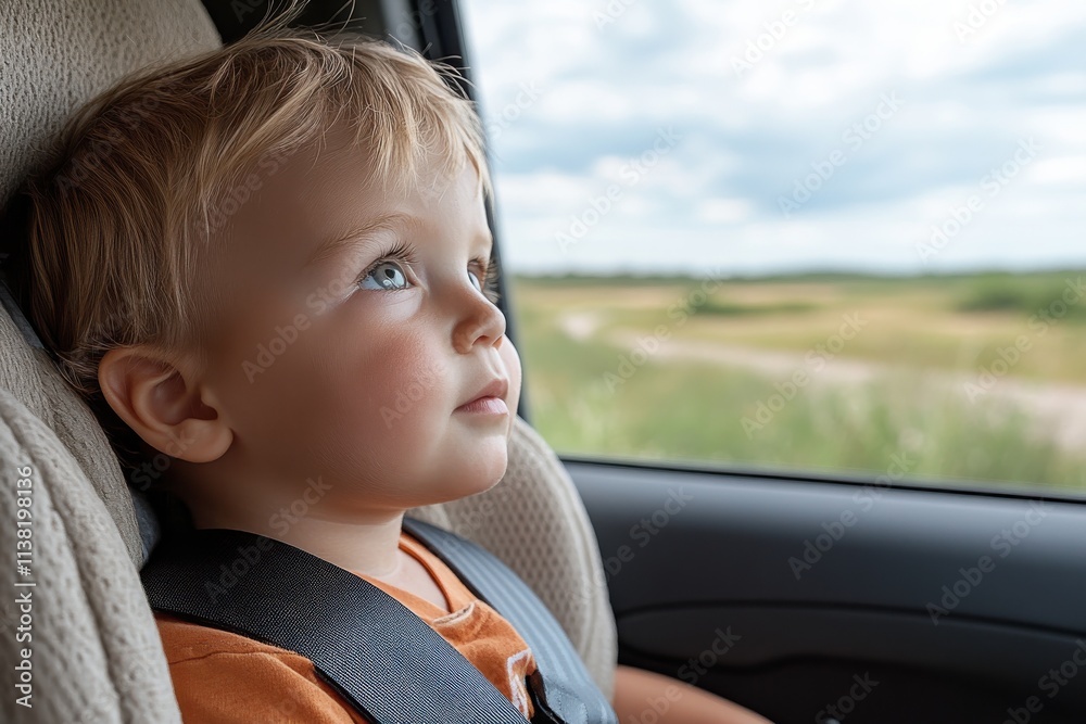 A contemplative child sits in their car seat, gazing thoughtfully out the window, capturing a moment of curiosity and wonder during a serene road trip. A contemplative child sits in their car seat, gazing thoughtfully out the window, capturing a moment of curiosity and wonder during a serene road trip.