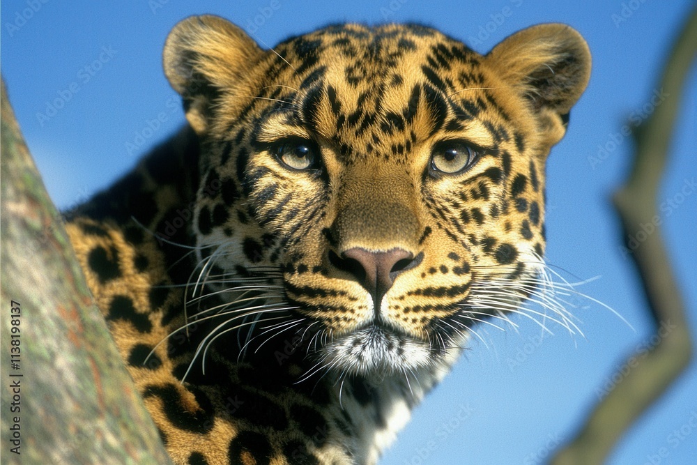 Naklejka premium A close-up of a leopard in a tree