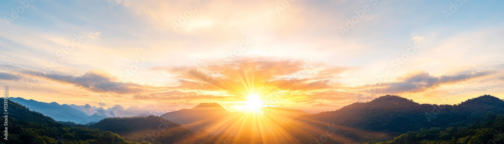 golden sunrise over lush landscape, symbolizing hope and prosperity golden sunrise over lush landscape, symbolizing hope and prosperity