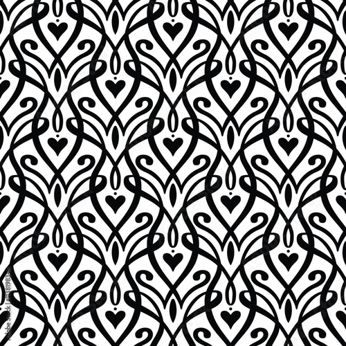 fancy curves and hearts. ink lines. black and white stencil. seamless vector pattern