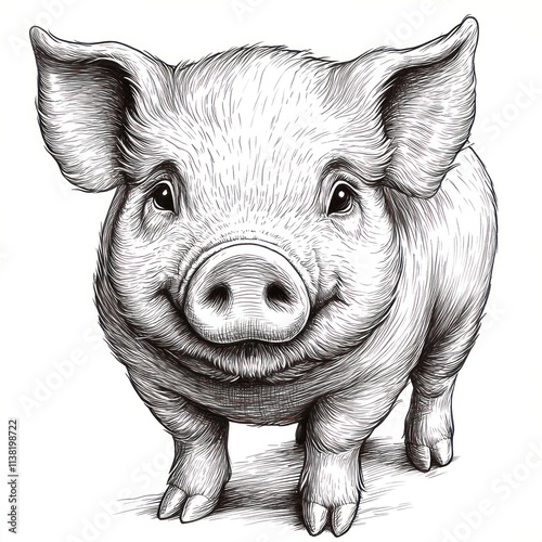 Wallpaper Mural Happy piglet illustration, detailed monochrome drawing. Torontodigital.ca