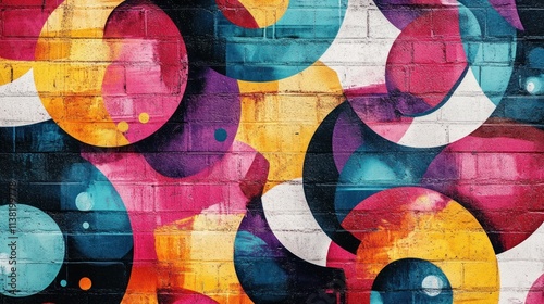 A vibrant street art mural on a brick wall with dynamic designs and bold colors