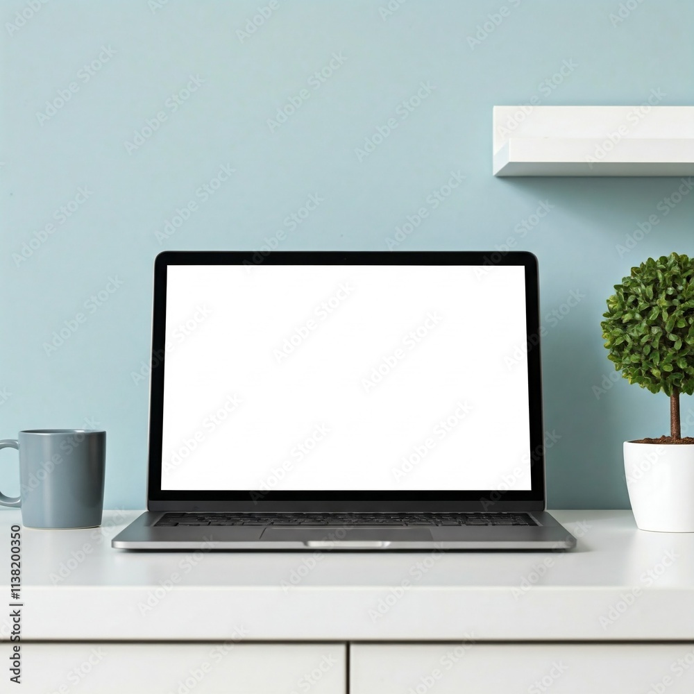 Close up view of creative workspace with blank screen computer, mug, tree pot and copy space on white table with shelf on light blue wall Close up view of creative workspace with blank screen computer, mug, tree pot and copy space on white table with shelf on light blue wall