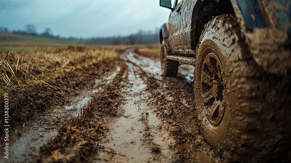 Off-road adventure on a muddy rural path with rugged vehicle Off-road adventure on a muddy rural path with rugged vehicle