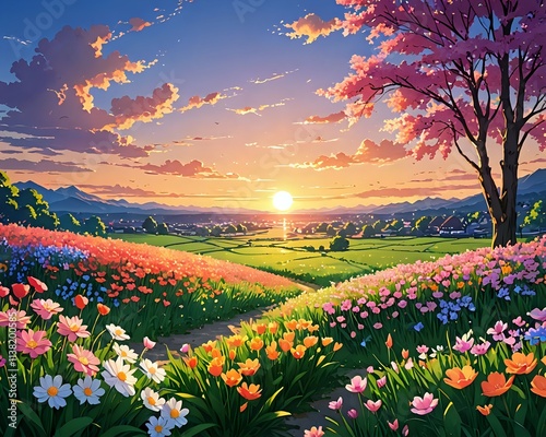 Vibrant Spring Sunset over a Colorful Flower Field. A picturesque digital painting depicting a serene spring sunset over a lush field bursting with a variety of colorful flowers.