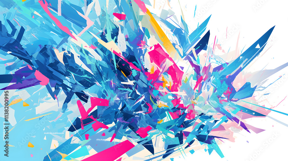 Vibrant explosion of colors and shapes in an abstract digital artwork. Blues, pinks, and yellows create a dynamic composition. Vibrant explosion of colors and shapes in an abstract digital artwork. Blues, pinks, and yellows create a dynamic composition.