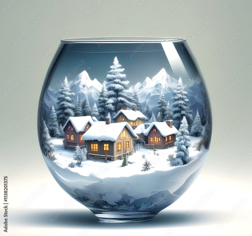 Illustration of tiny world landscape inside wine glass.
