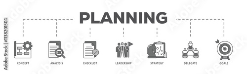 Planning infographic icon flow process which consists of concept, analysis, checklist, leadership, strategy, delegate and goals icon live stroke and easy to edit .