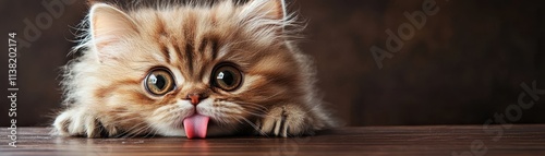 Cute fluffy kitten peeking over a table with an adorable expression. photo