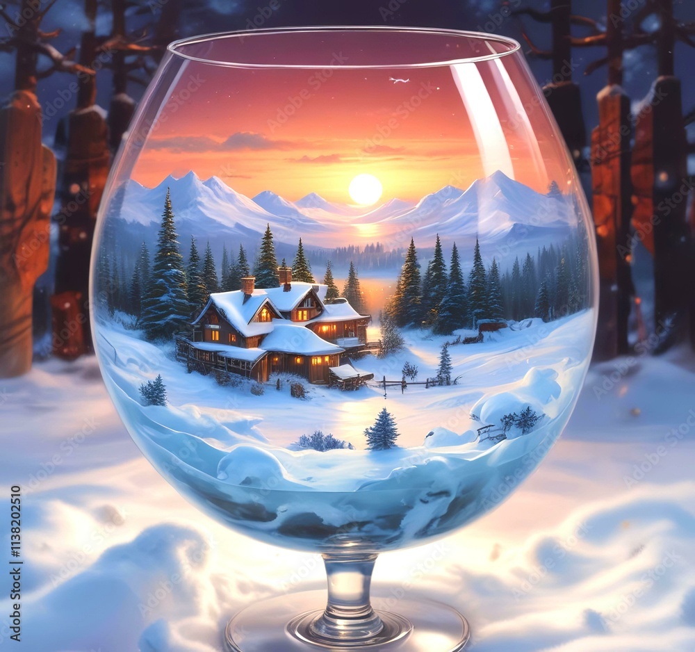 Illustration of tiny world landscape inside wine glass. Illustration of tiny world landscape inside wine glass.