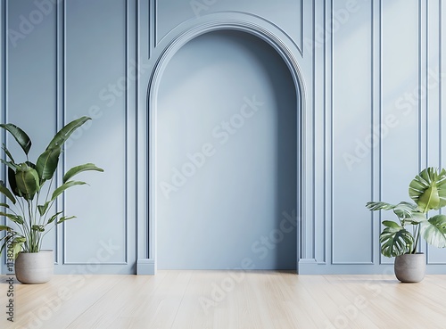 A clean, simple wall with an arched opening in the middle, pastel blue photo