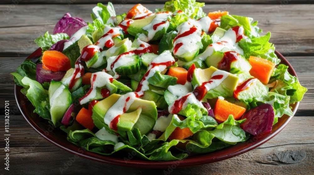 A close-up of a delicious salad with fresh vegetables, avocado, and dressing, placed on a rustic wooden table. The bright colors and healthy ingredients are perfect for food photography and A close-up of a delicious salad with fresh vegetables, avocado, and dressing, placed on a rustic wooden table. The bright colors and healthy ingredients are perfect for food photography and