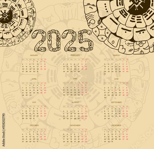 Vector Mayan calendar. 2025 calendar planner set for template corporate design week start on Monday.
