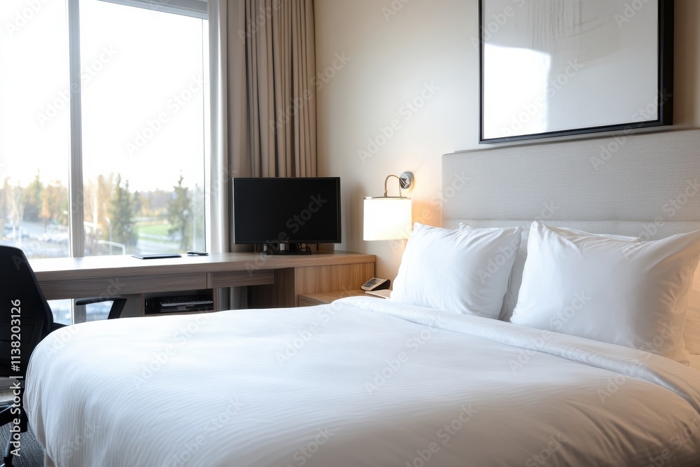 A spacious hotel room featuring a large bed and a desk, illuminated by natural light pouring in from the expansive window, perfect for relaxation or work. A spacious hotel room featuring a large bed and a desk, illuminated by natural light pouring in from the expansive window, perfect for relaxation or work.