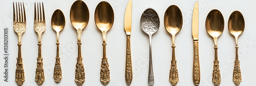 A Set of Gold Forks and Spoons with a Silver Spoon for Upscale Dining and Luxury Table Settings. photo