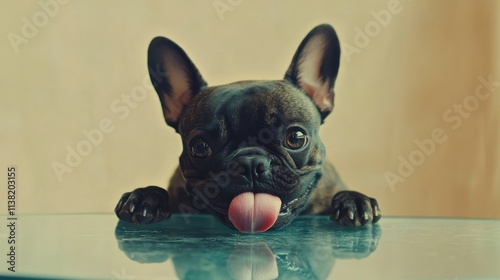 Cute French Bulldog playfully sticking out its tongue on a glass surface.