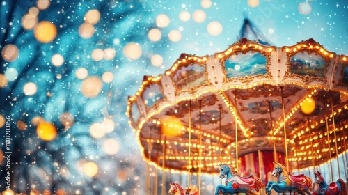 A whimsical carousel with colorful horses under festive string lights at dusk 