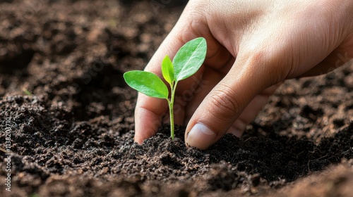 A close-up of a hand planting a small seedling into the soil, symbolizing environmental care, sustainability, and growth. The image is ideal for eco-friendly, gardening, or environmental topics.  photo