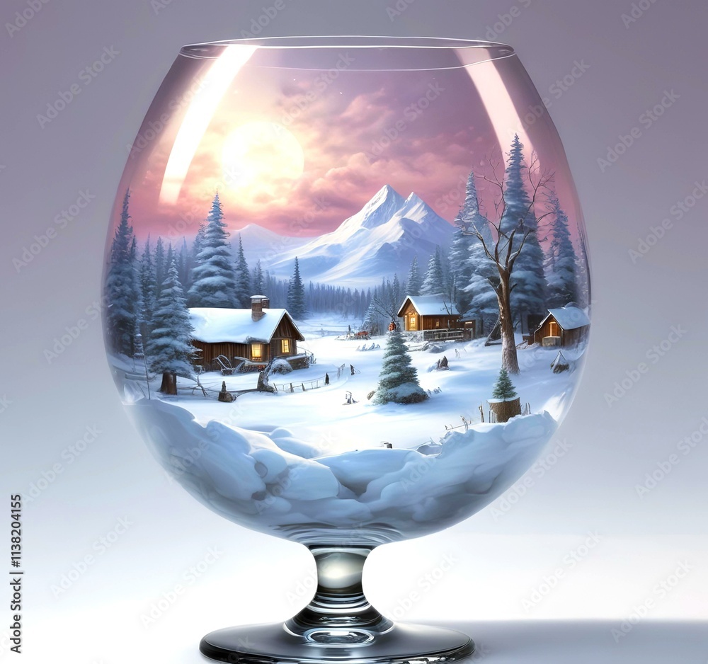 Illustration of tiny world landscape inside wine glass. Illustration of tiny world landscape inside wine glass.