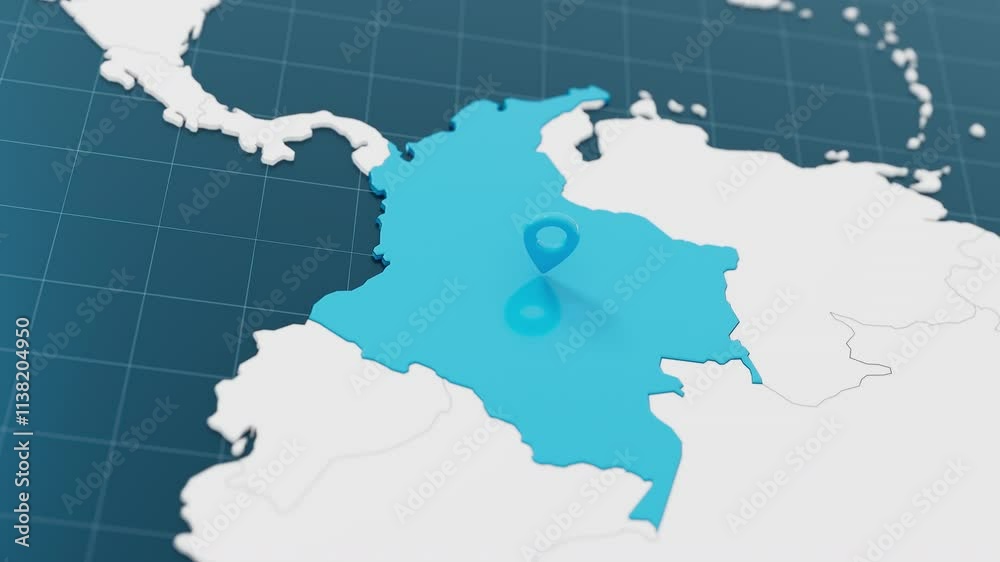 Blue Colombia 3d map with pointer pin surrounded with other countries in white. Europe political map with borders animation. 3d render.