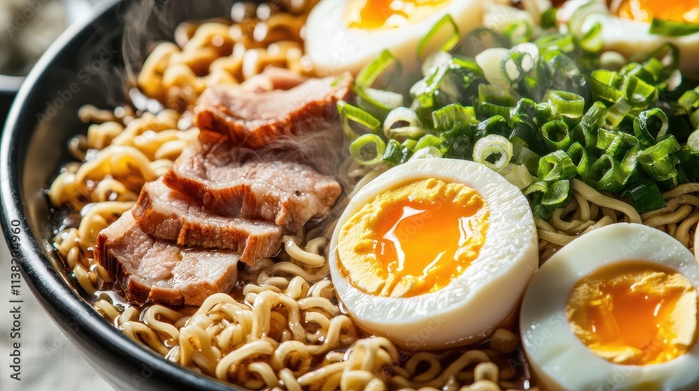 A close-up of a steaming bowl of ramen with soft-boiled eggs, sliced pork, green onions, and a rich broth. The intricate details of the dish highlight the texture and appeal of authentic Asian A close-up of a steaming bowl of ramen with soft-boiled eggs, sliced pork, green onions, and a rich broth. The intricate details of the dish highlight the texture and appeal of authentic Asian