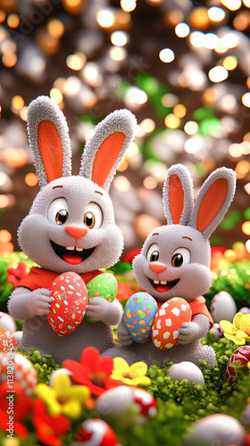 Illustration of two super cute Easter bunnies one older one smaller and younger out hunting for Easter egg treats in colourful garden. 