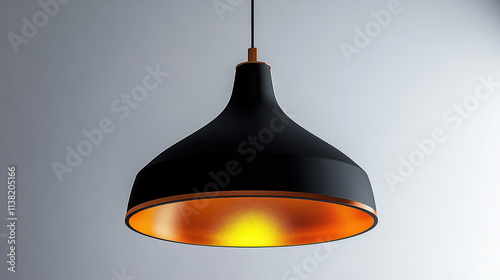 A modern ceiling pendant light in bold matte black with a contrasting copper interior, sleek industrial style, smooth metallic texture, floating in a perfectly clean white background, bright reflectio photo