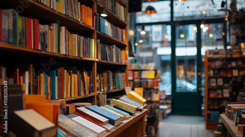 A cozy bookstore filled with colorful books on wooden shelves, creating warm and inviting atmosphere. soft lighting enhances charm of space, perfect for book lovers