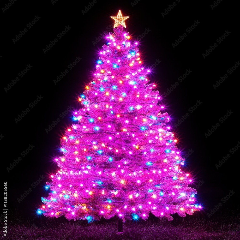 Vibrant Pink Christmas Tree Illuminated at Night