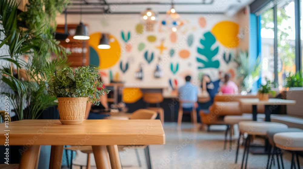 Obraz premium A cozy cafe interior featuring wooden table with potted plant, vibrant wall art, and patrons enjoying their time. atmosphere is inviting and lively, perfect for relaxation