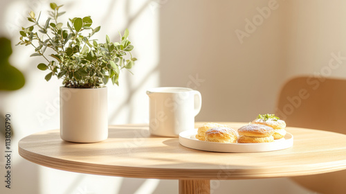 Wallpaper Mural A cozy scene featuring wooden table with plate of pastries, small plant in white pot, and white pitcher. warm sunlight creates serene atmosphere, perfect for enjoying quiet moment Torontodigital.ca