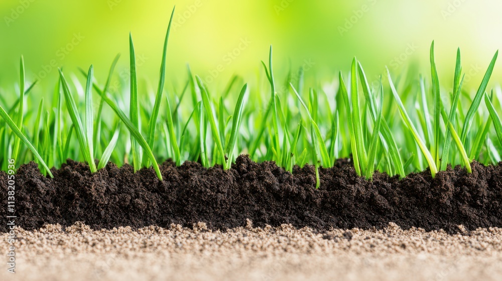 Close up of a patch of dirt with grass growing in it. The grass is green and the dirt is brown Close up of a patch of dirt with grass growing in it. The grass is green and the dirt is brown