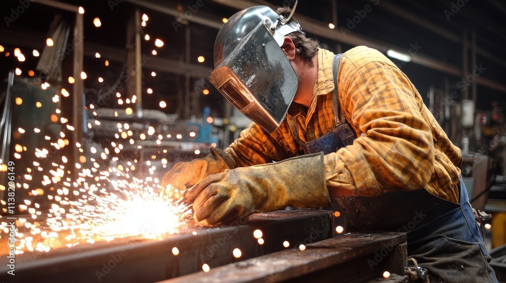 A metalworker welding in a workshop with sparks flying, wearing a protective helmet and gloves A metalworker welding in a workshop with sparks flying, wearing a protective helmet and gloves