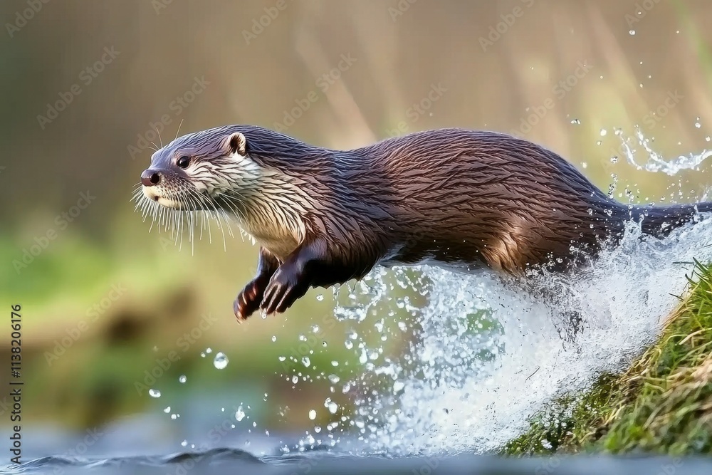 A dynamic shot of a European otter sliding down a riverbank A dynamic shot of a European otter sliding down a riverbank