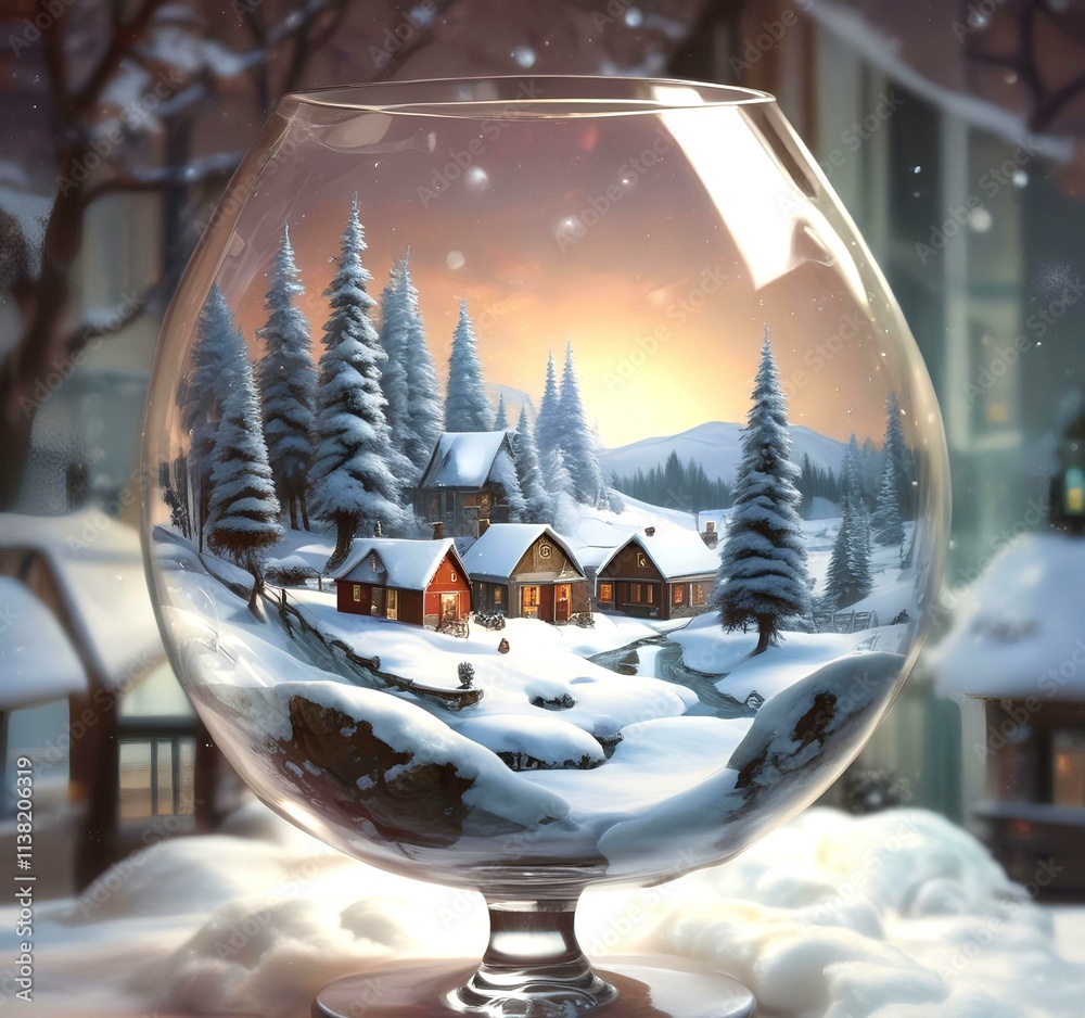 Illustration of tiny world landscape inside wine glass.