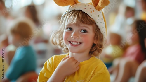 Child wearing bunny ears and yellow shirt, joyful Easter celebration concept for children's events and family activities. Perfect for educational centers, holiday programs and spring festival marketin