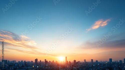 City skyline at sunset with colorful clouds.
