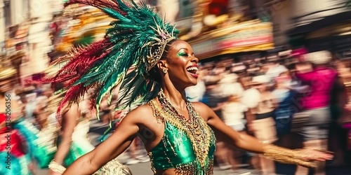 A vibrant portrait of a woman wearing a colorful carnival mask and festive costumeใ She is walking or posing on the street during a lively carnival parade. photo