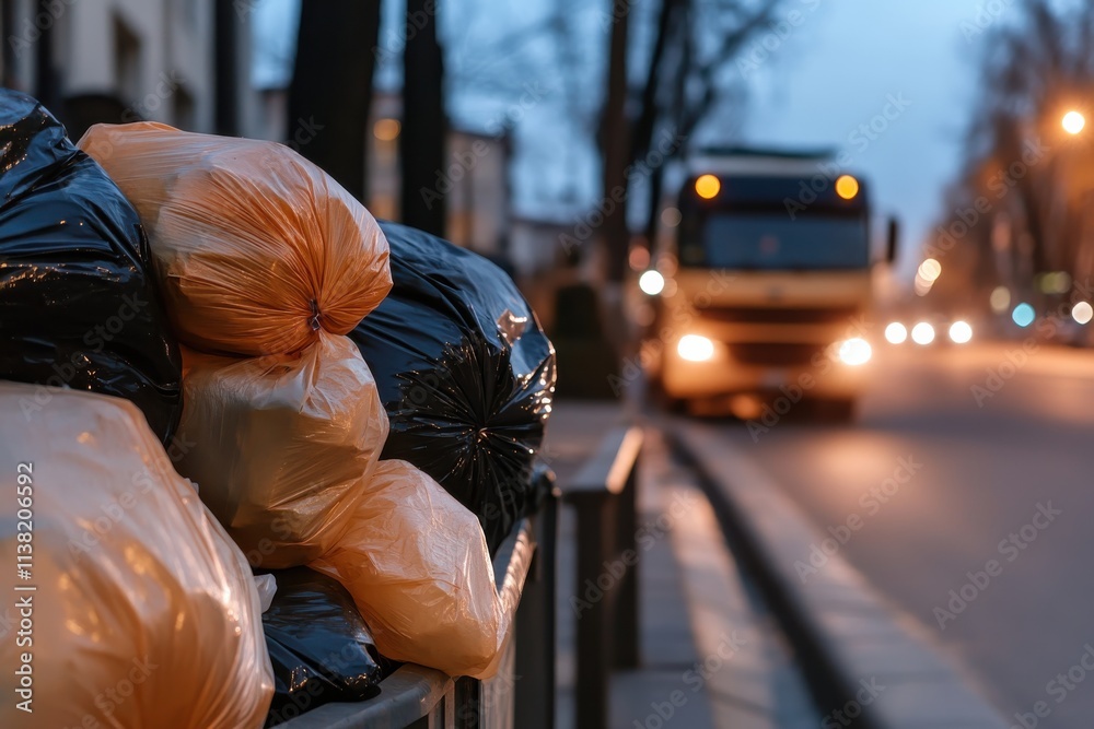 A scene of garbage bags located near a busy street during dusk, capturing the hustle of urban life and the importance of efficient waste disposal systems. A scene of garbage bags located near a busy street during dusk, capturing the hustle of urban life and the importance of efficient waste disposal systems.